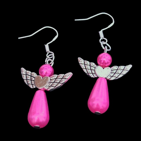 Hand Crafted Earrings 3-D Articulating Angel Hot Pink Pearl Silver Plate Wires - Picture 4 of 6